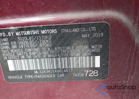 2019 Mitsubishi Mirage Es from USA, damaged, VIN ML32A3HJ1KH014517